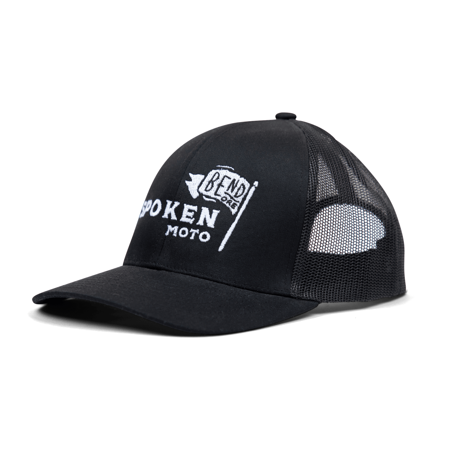 The Spoken Moto Flag Trucker hat from the side.