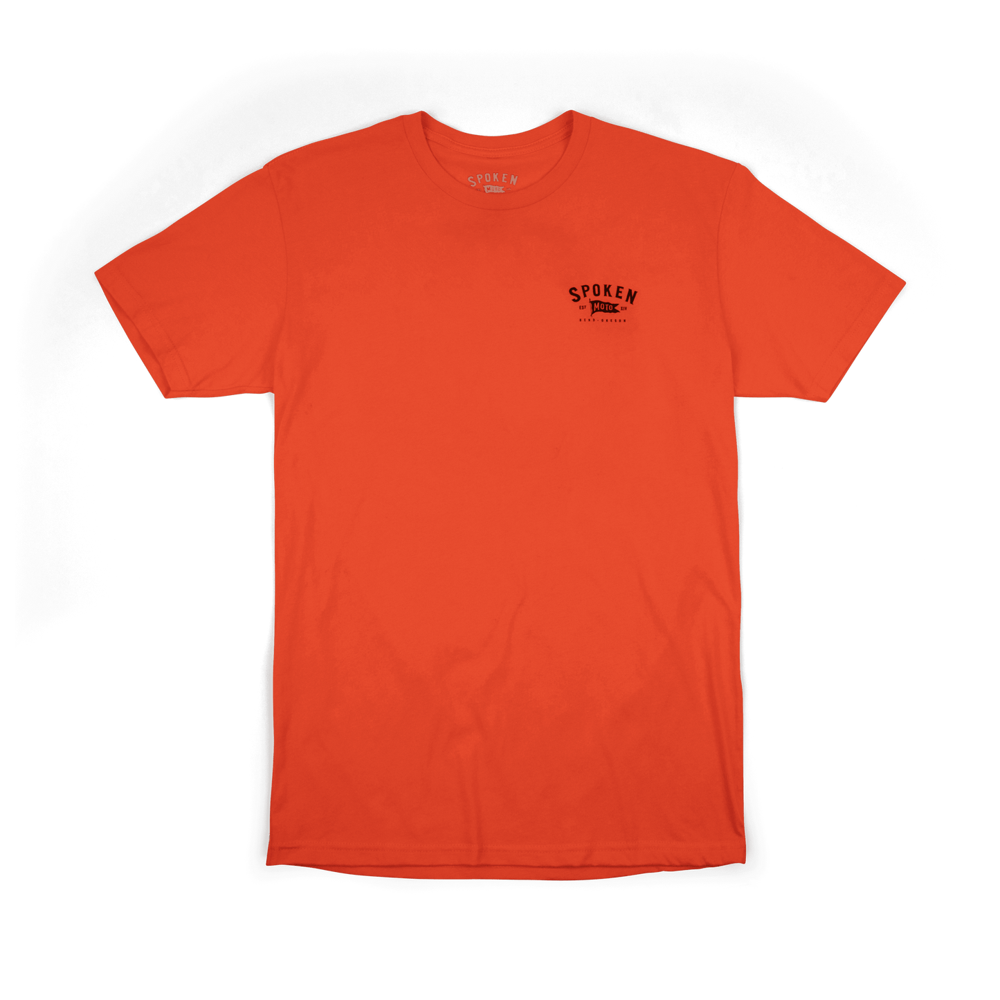 Tee from the front: orange tee with black Spoken Moto flag logo on the upper left chest.
