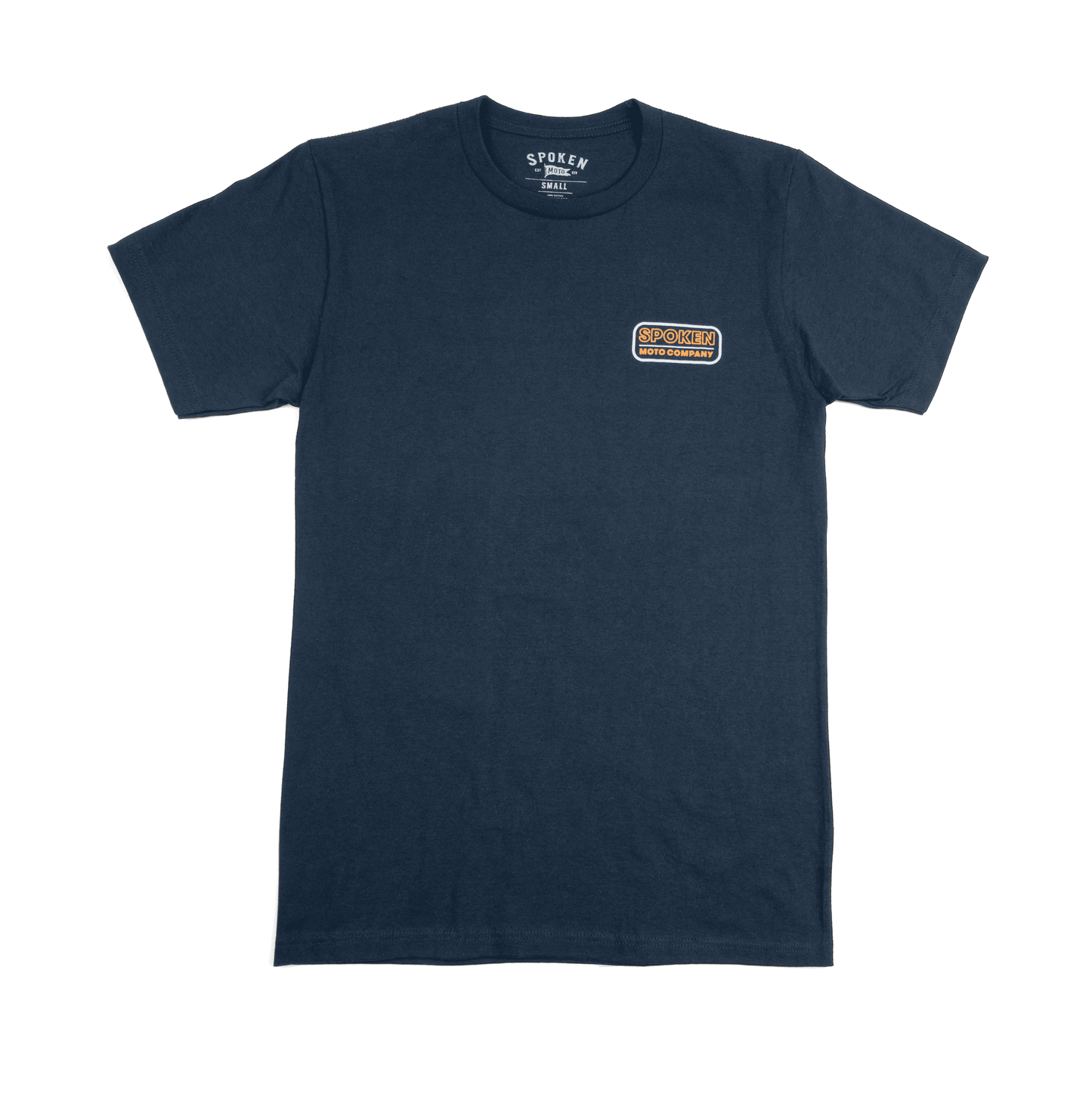 The front of the tee: a navy blue tee with orange and white retro Spoken Moto logo on the upper left chest.