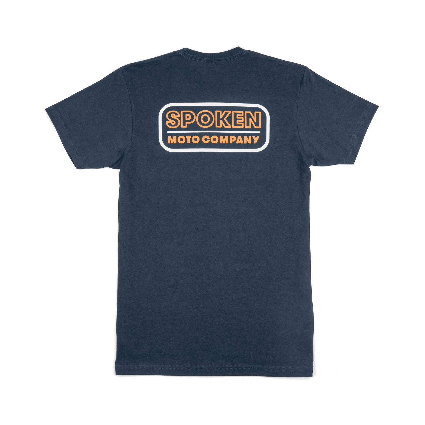 The back of the tee: large orange and black Spoken Moto Company logo.