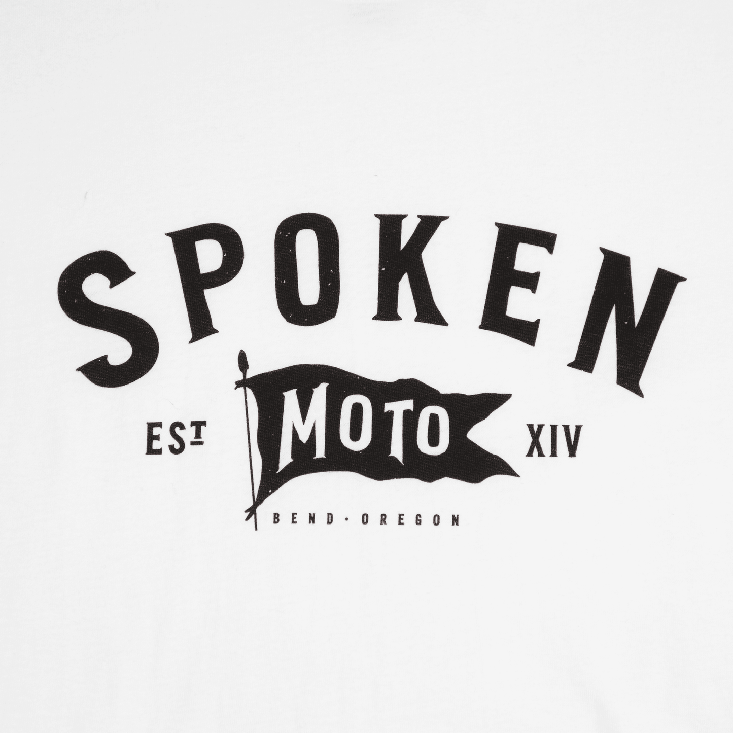 Detail shot of the black Spoken Moto flag logo.