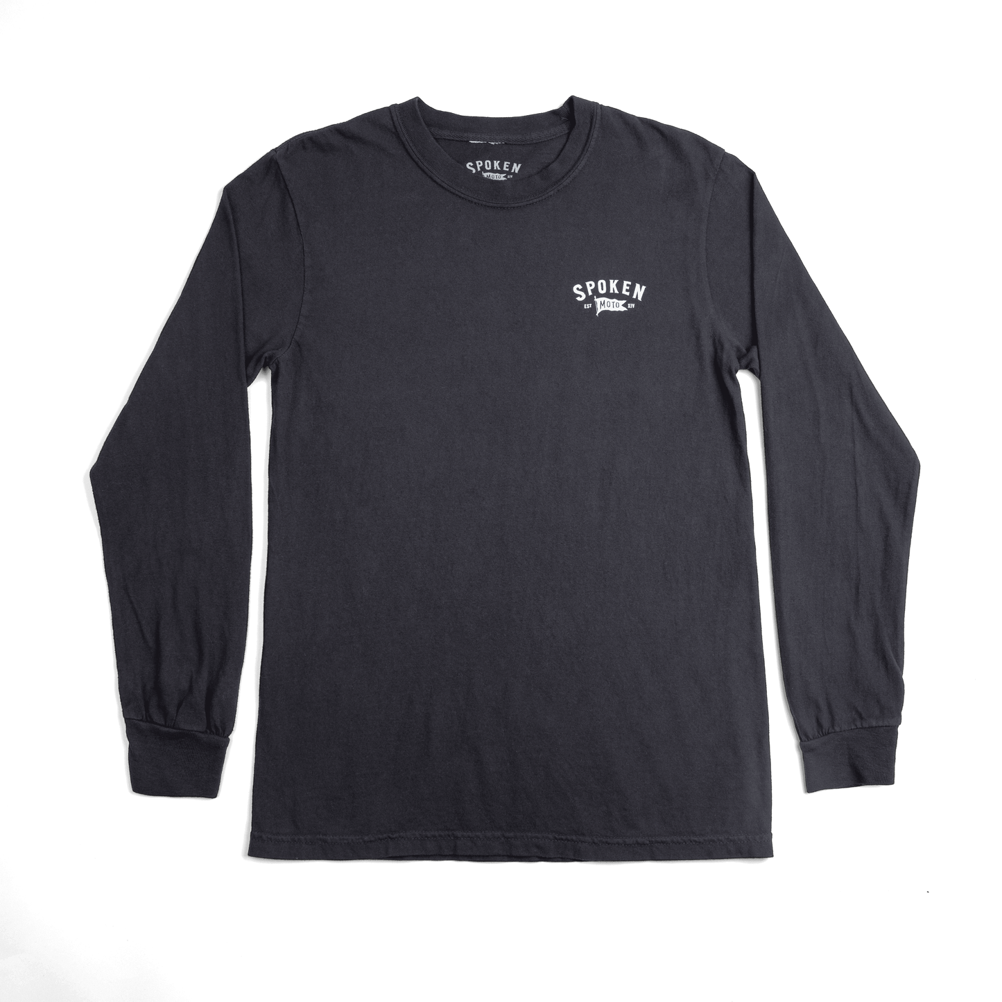 Front of the Spoken Moto Long Sleeve: a black longsleeve with white Spoken Moto Flag logo on upper left chest.