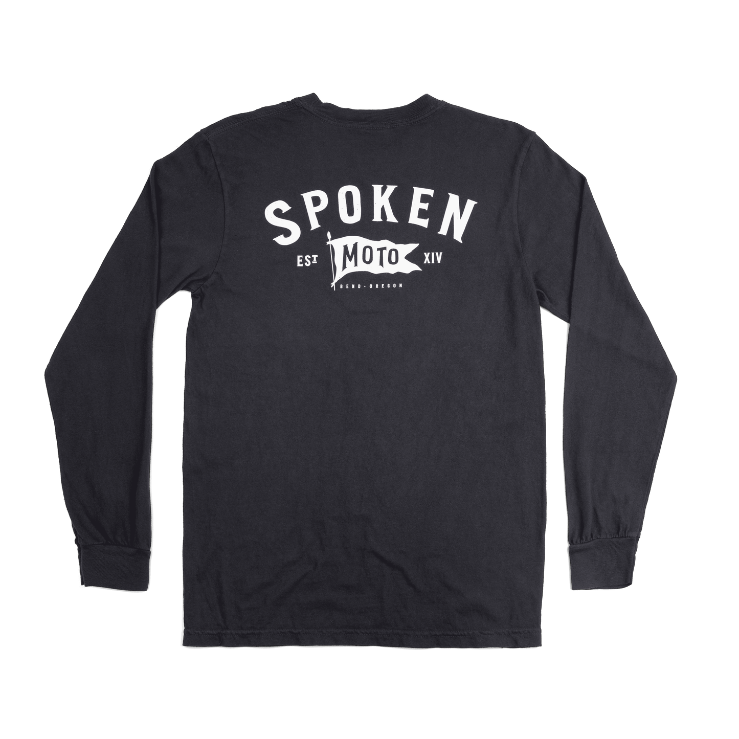 The back of the Spoken Moto Long Sleeve: large white Spoken Moto Flag logo centered on the top/back.