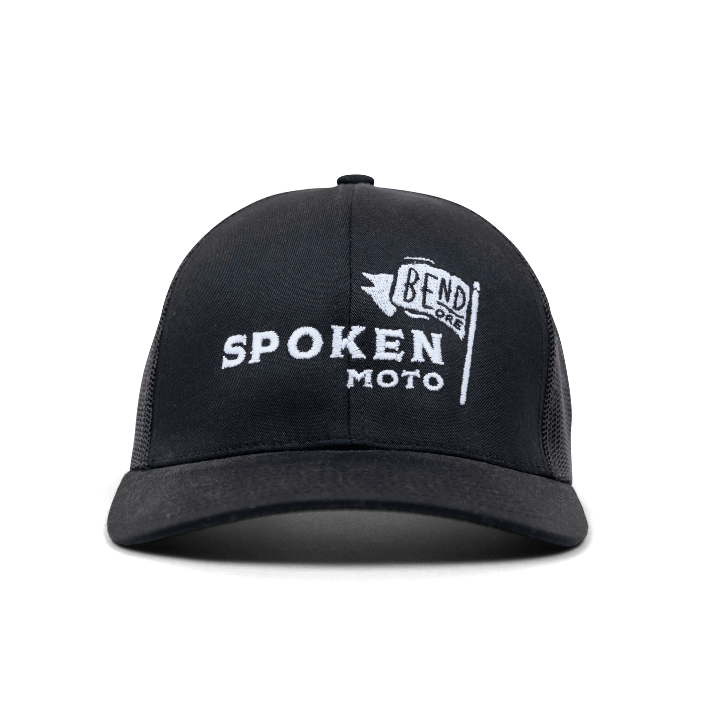 The Spoken Moto Flag Trucker hat from the front.