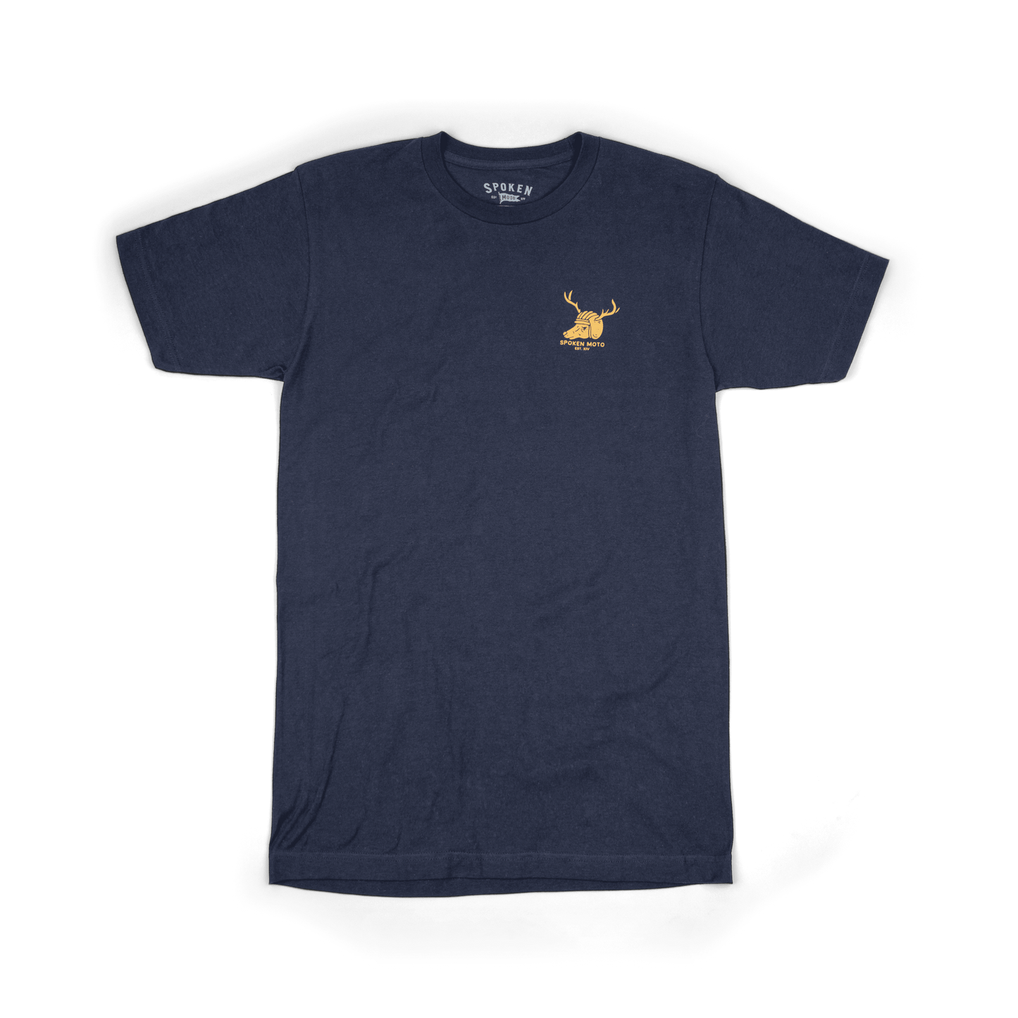 Wild in the Woods Tee from the front - navy blue tee with yellow/gold Spoken Moto deer logo on upper left chest.