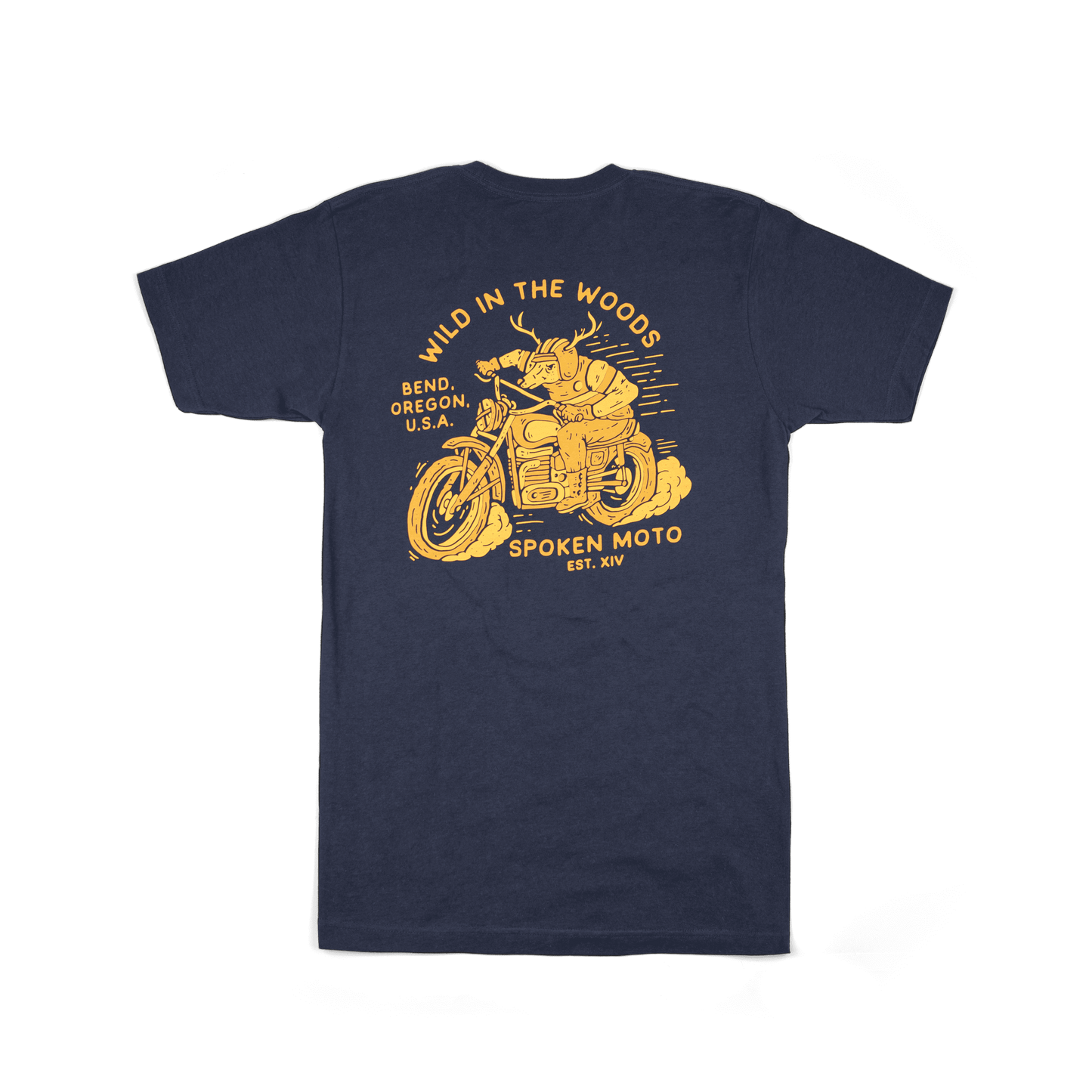 Wild in the Woods Tee from the back - navy blue tee with yellow/gold Wild in the Woods deer riding a motor cycle.