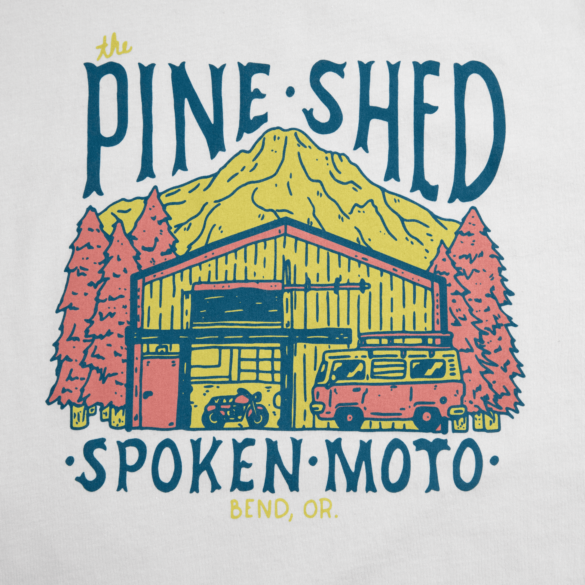 Detail shot of the colorful pine shed illustration featured on the front of the tee.