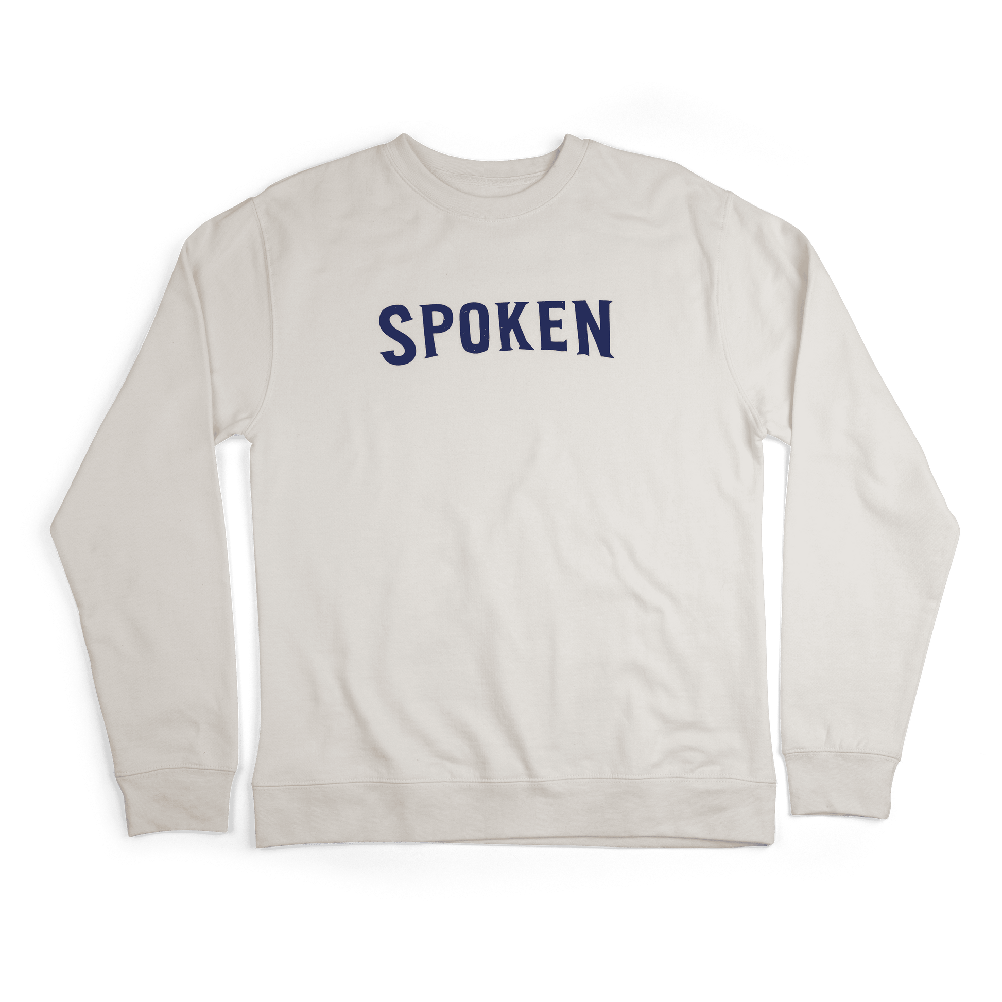 The crewneck from the front: a cream crewneck with blue "Spoken" written on the center of the chest.