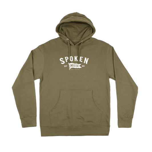 Green Spoken Moto Hoodie from the front.