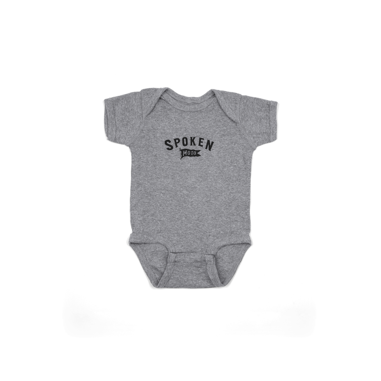Grey Spoken Baby Onesie with Spoken Moto Flag logo on the center of the chest.